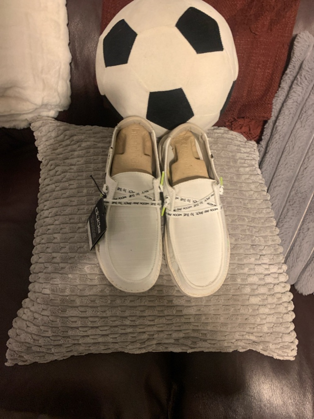 Hey Dude Women's White Canvas Slip-On Shoes with Neon Yellow Accents